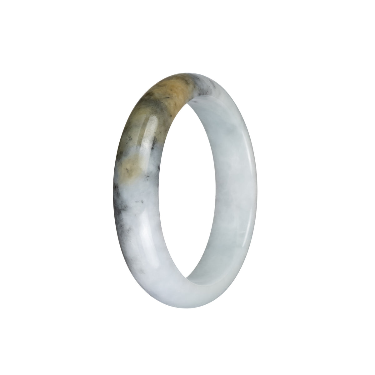 Genuine Grade A White with Grey and Brown Pattern Jadeite Jade Bangle Bracelet - 54mm Half Moon