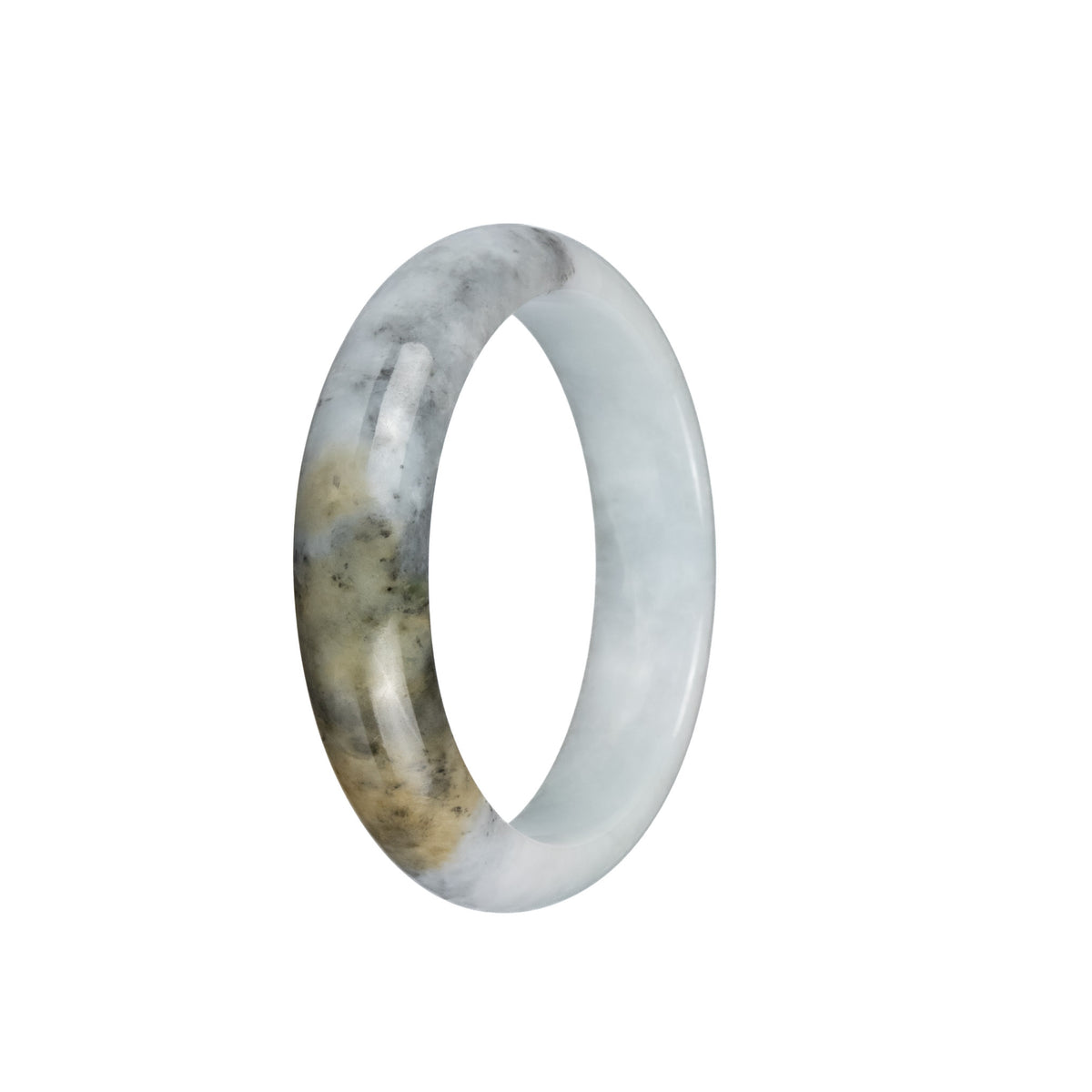 Genuine Grade A White with Grey and Brown Pattern Jadeite Jade Bangle Bracelet - 54mm Half Moon