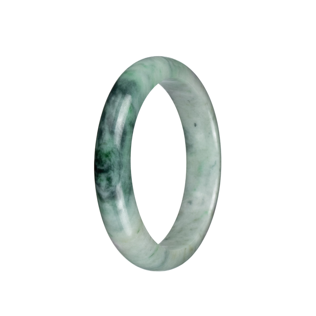 Genuine Grade A Light Green and Light Grey with Dark Green Patterns Traditional Jade Bangle - 59mm Half Moon