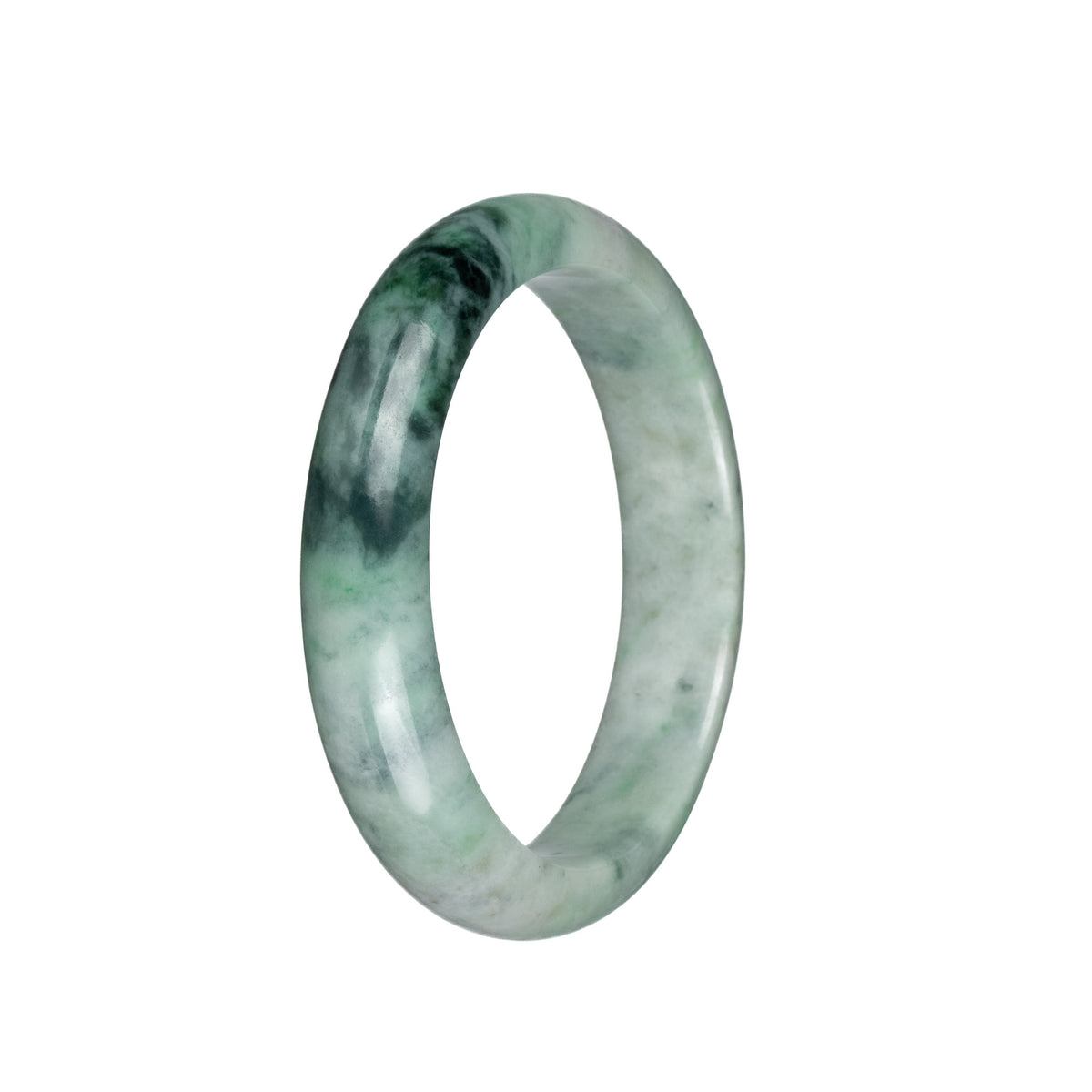 Genuine Grade A Light Green and Light Grey with Dark Green Patterns Traditional Jade Bangle - 59mm Half Moon