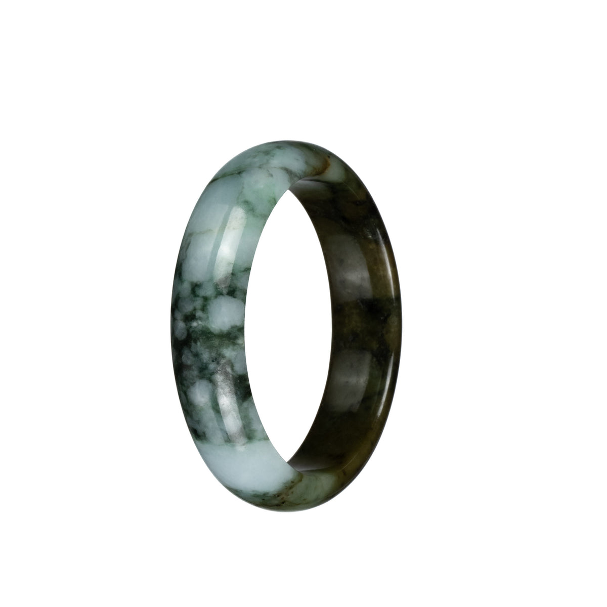 Genuine Grade A Pale Green and Brown with Black and Dark Green Patterns Burmese Jade Bangle Bracelet - 53mm Half Moon