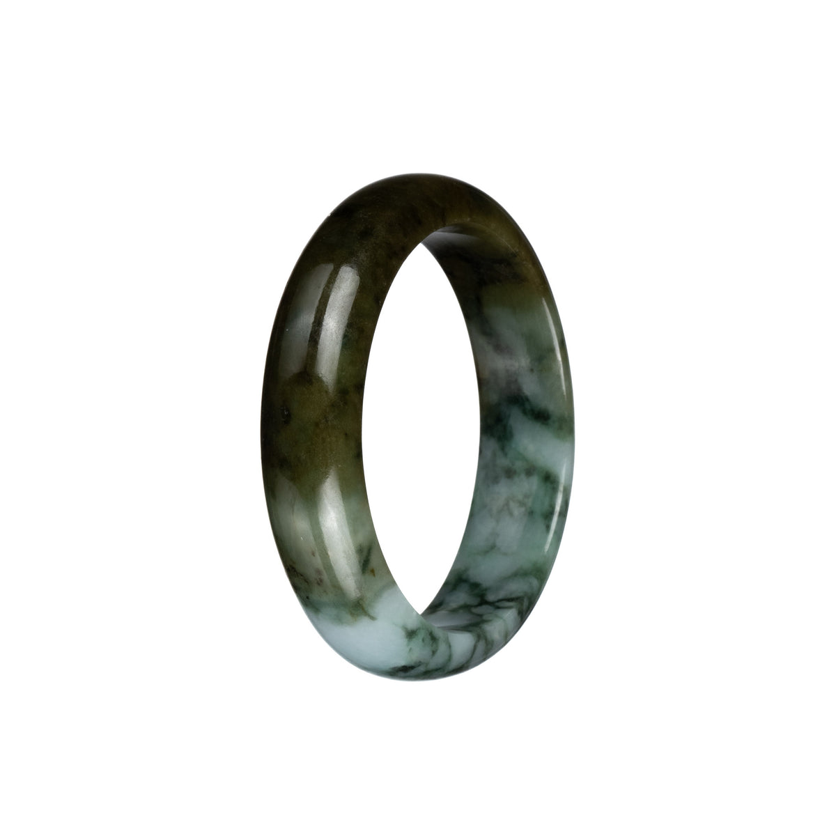 Genuine Grade A Pale Green and Brown with Black and Dark Green Patterns Burmese Jade Bangle Bracelet - 53mm Half Moon