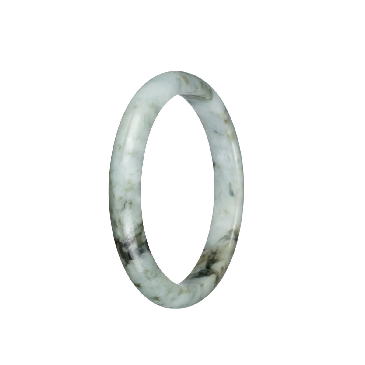 Genuine Type A Greyish White with Black and Olive Green Patterns Burma Jade Bangle - 58mm Semi Round