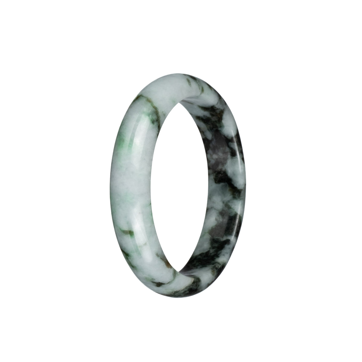 Certified Natural Greyish White with Dark Green and Apple Green Patterns Jade Bangle - 54mm Half Moon