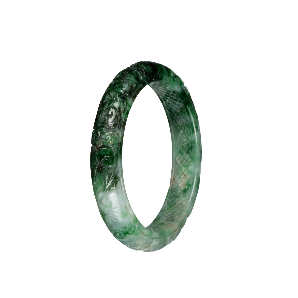 Genuine Grade A Deep Green and White with Apple Green Pattern Jade Bangle - 55mm Carved