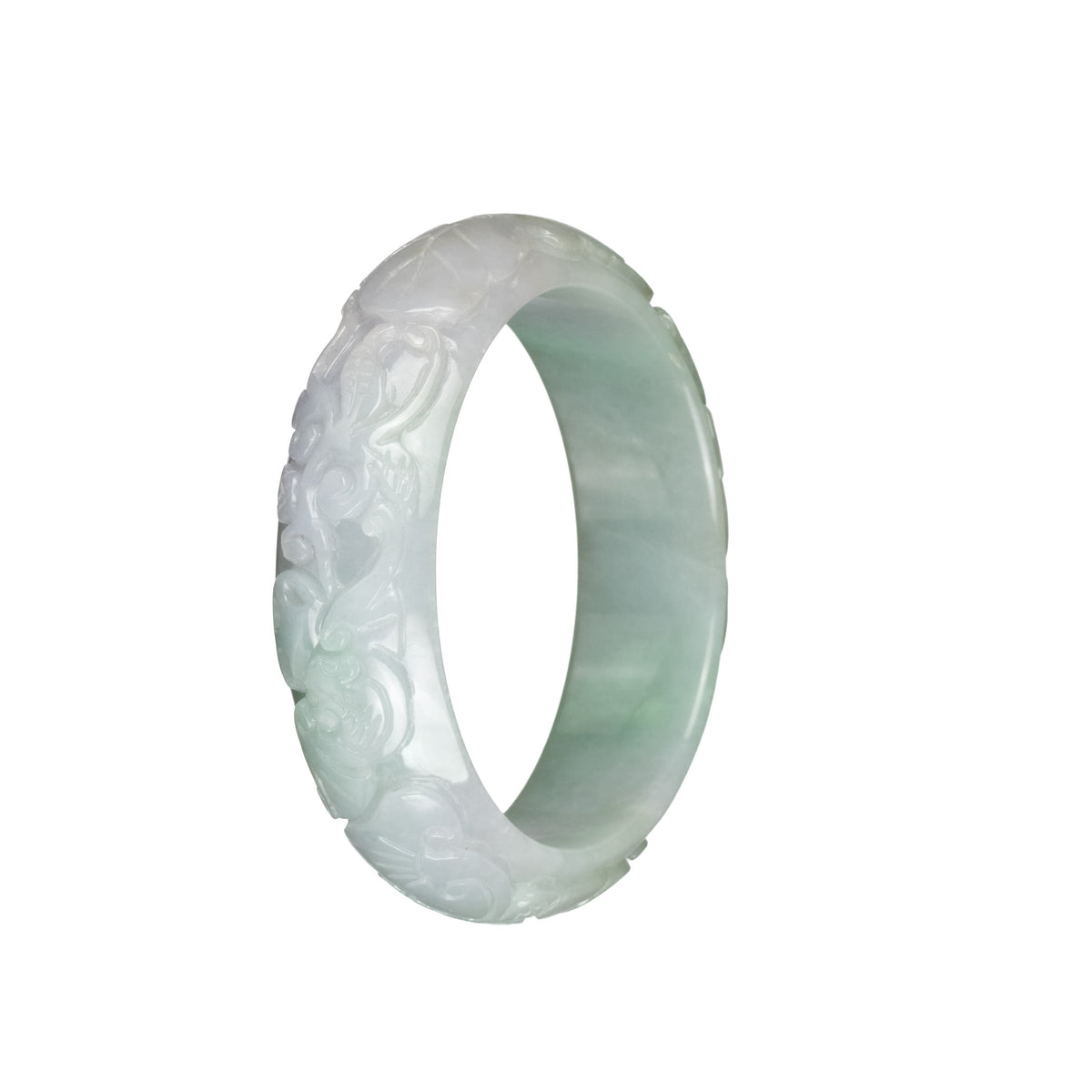 Certified Untreated Light Green with White Burma Jade Bracelet - 55mm Carved