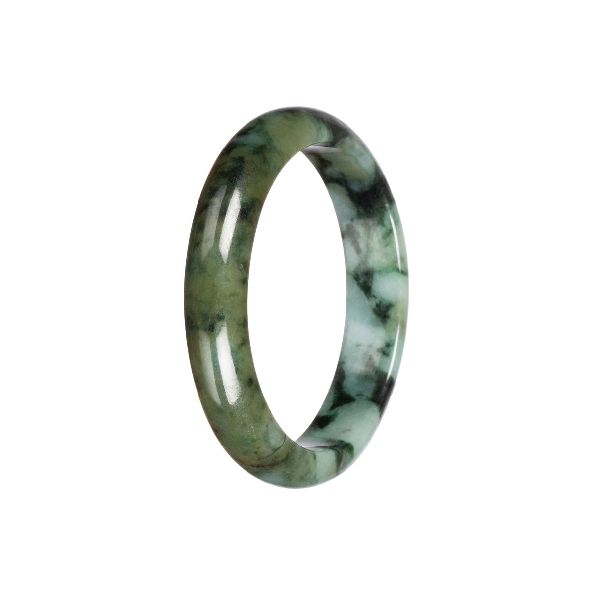 Authentic Green Pattern with Light Brown Jadeite Jade Bangle - 55mm Half Moon