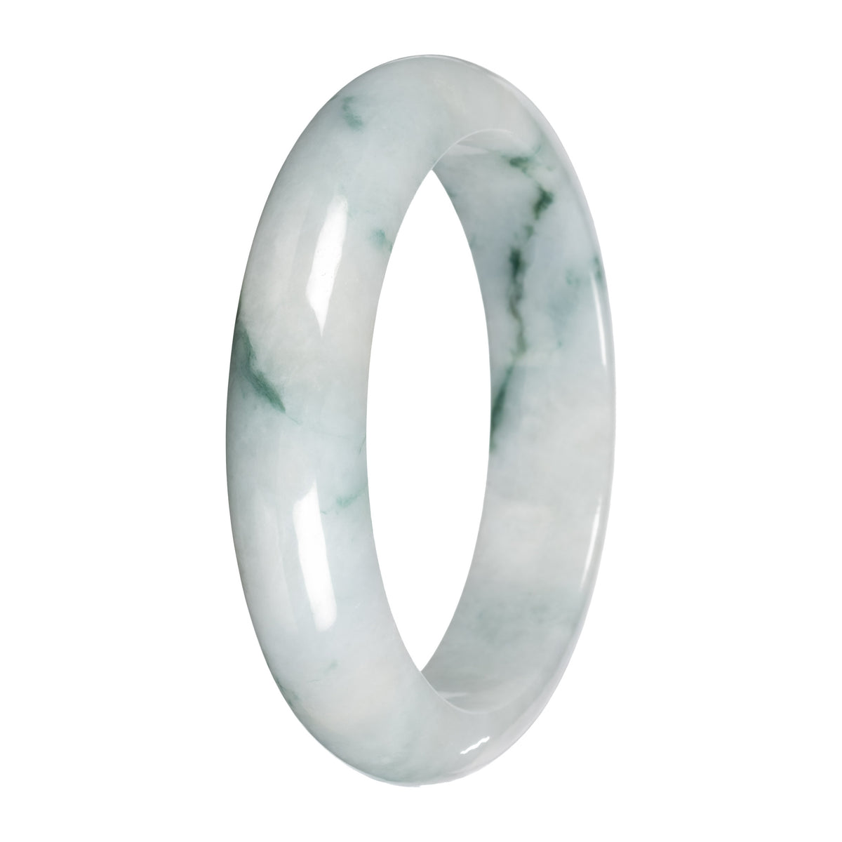 Real White with Green Pattern Jade Bangle - 59mm Half Moon