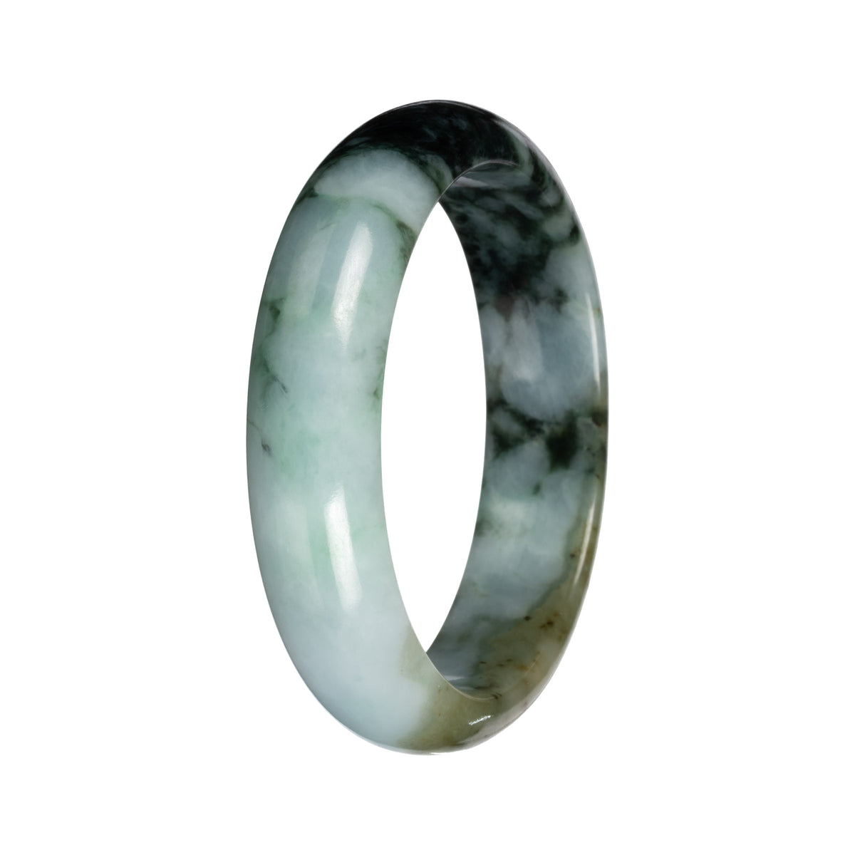 Natural Green with Deep Green Pattern and Olive Patch Jade Bangle - 53mm Half Moon