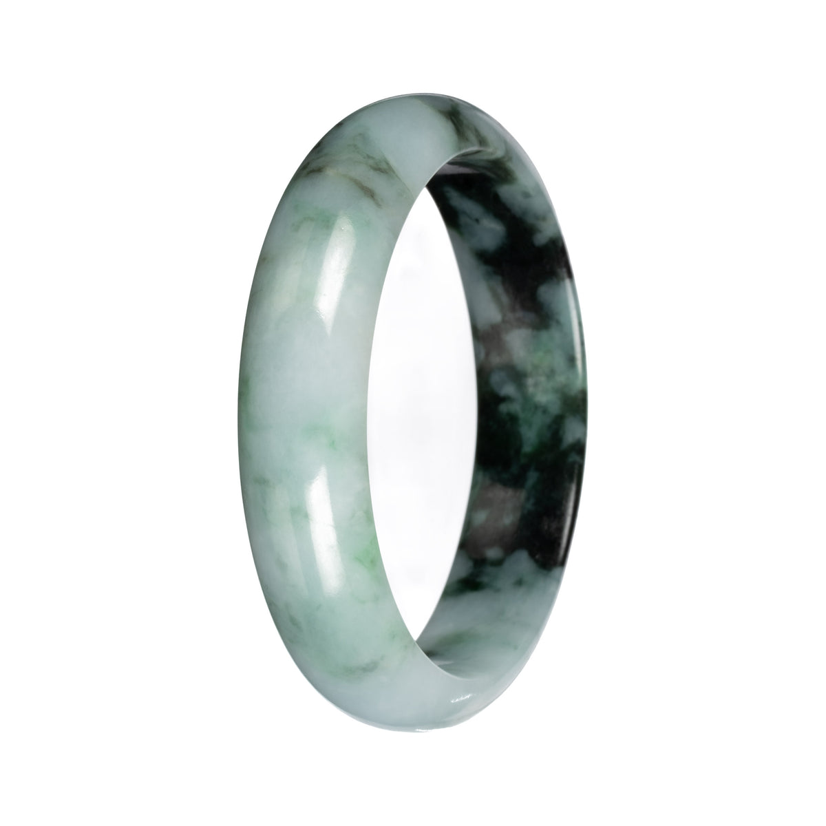 Real Light Green with Deep Green Pattern Burmese Jade Bangle Bracelet - 54mm Half Moon