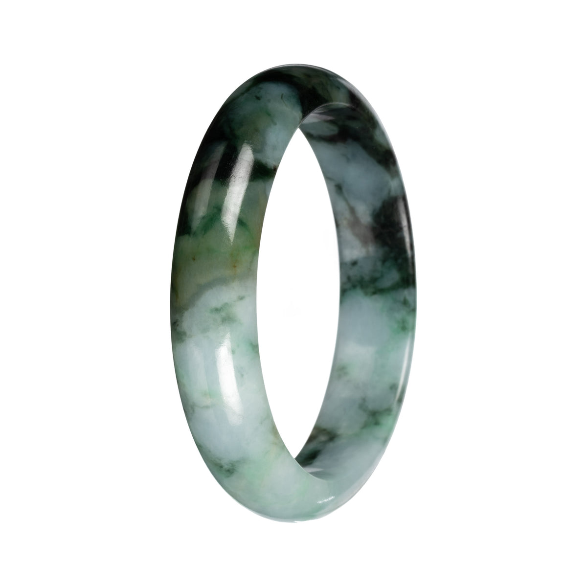 Grade A Green with Deep Green Pattern Jadeite Bangle Bracelet - 54mm Half Moon