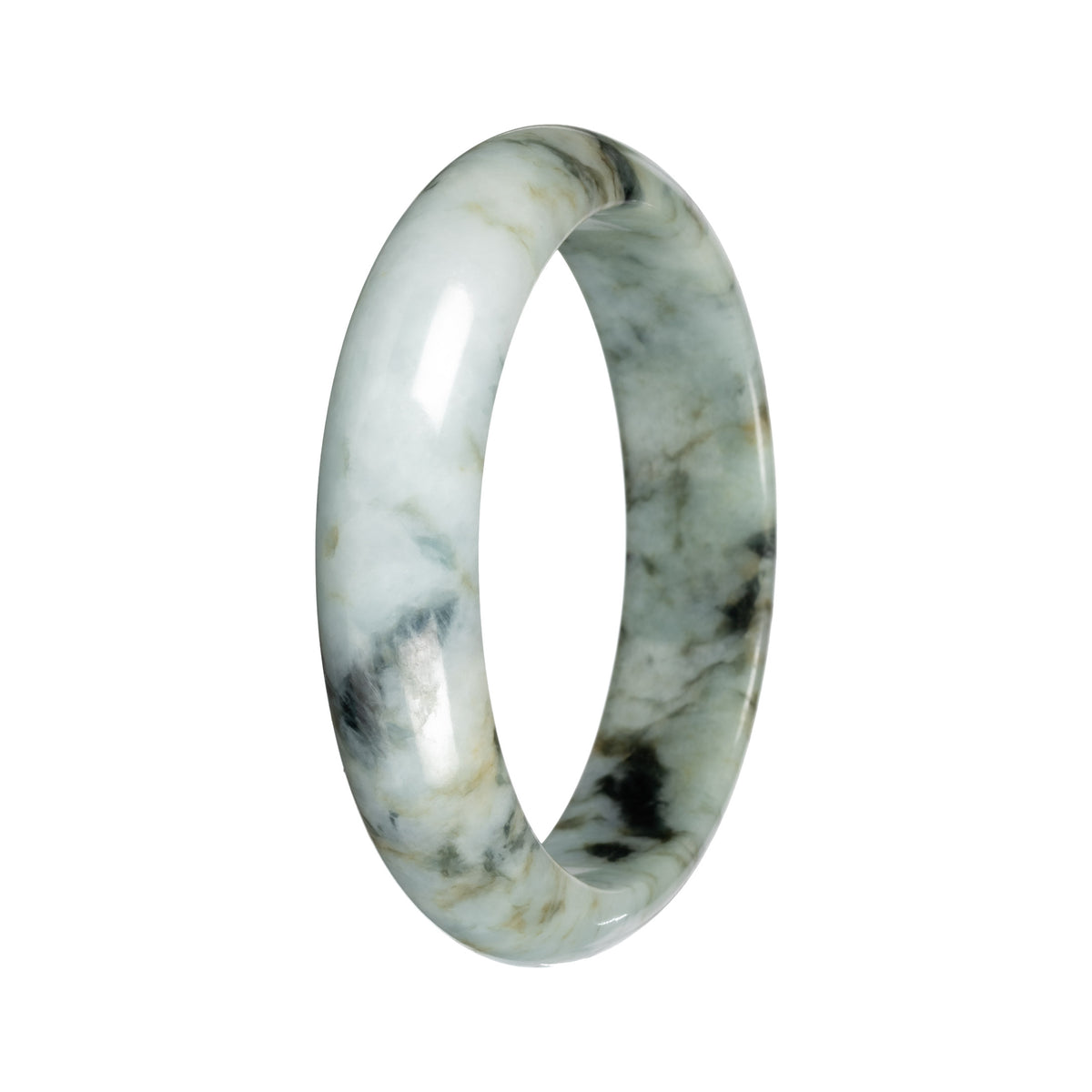 Untreated Light Green with Deep Green and Olive Green Pattern Traditional Jade Bangle - 55mm Half Moon