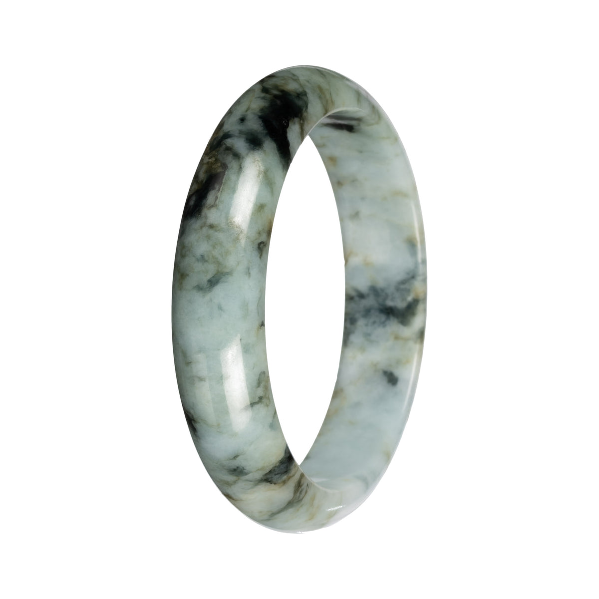 Untreated Light Green with Deep Green and Olive Green Pattern Traditional Jade Bangle - 55mm Half Moon