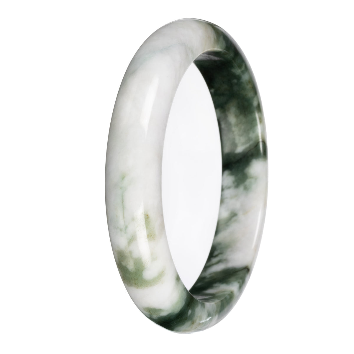 Genuine White with Deep Green Pattern Deep Green with White Section Burma Jade Bangle Bracelet - 67mm Half Moon