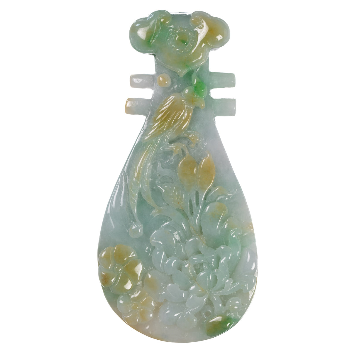 Carved Jade Musical Instrument Pipa Pendant with Flowers and Birds