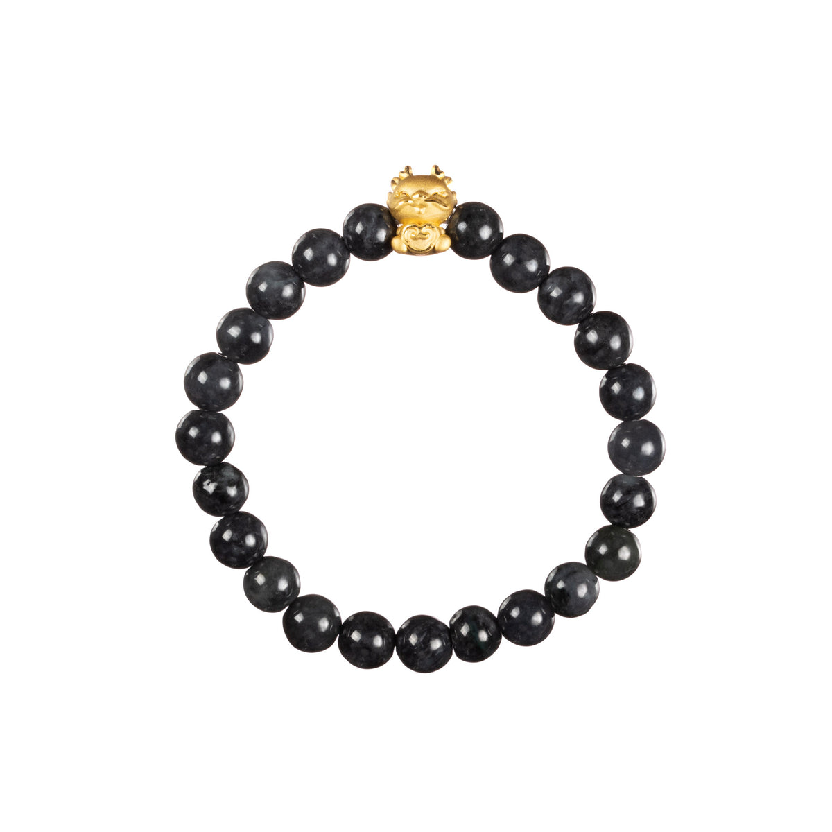 Women's Grey and Black Jadeite Jade Bead Bracelet with 24k Gold Dragon- 7mm