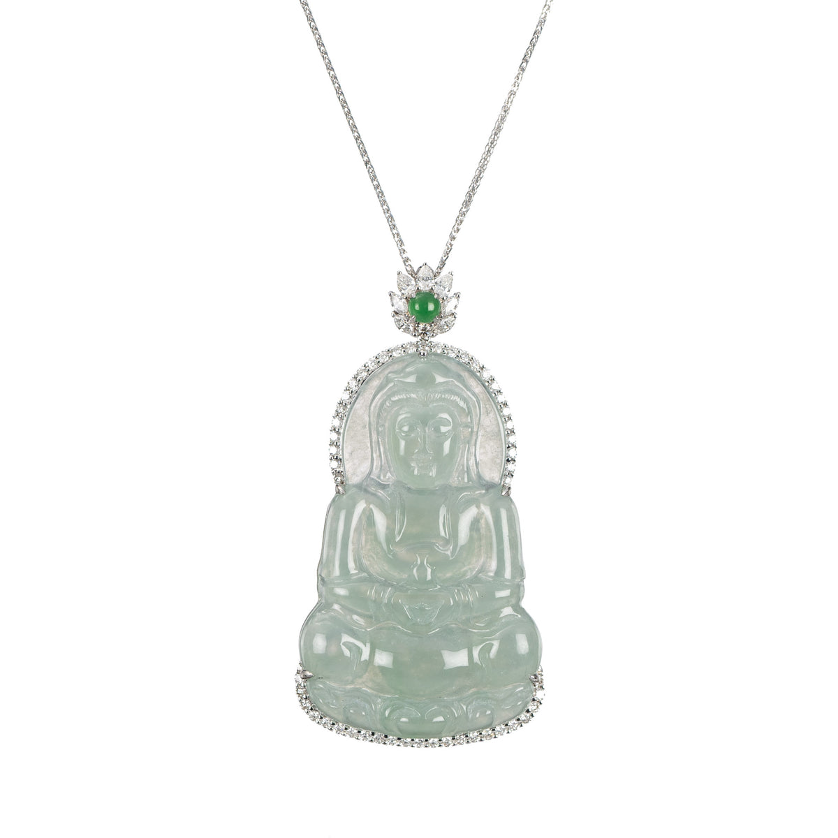 Icy Pale Green Jadeite Jade & Diamond GuanYin Diamond Pendant