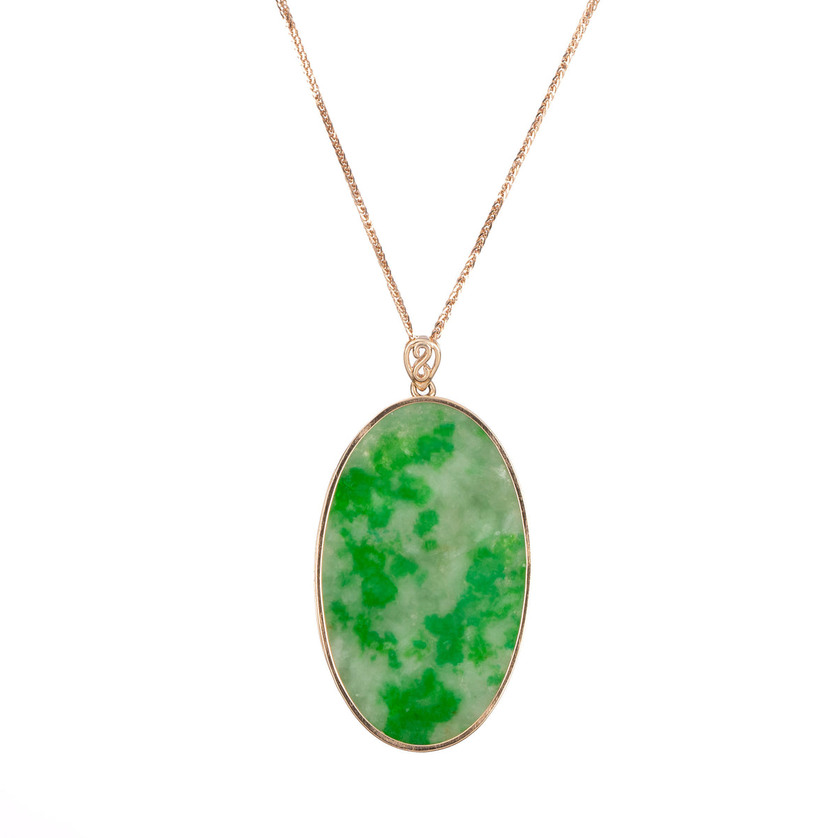 Oval Jade Pendant with Mottled Emerald Green Jadeite- Floral Frame