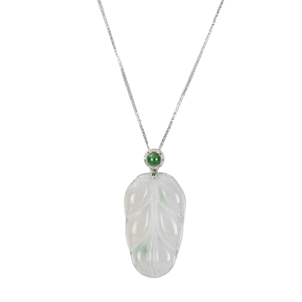 Jadeite Leaf Pendant - 18K White Gold