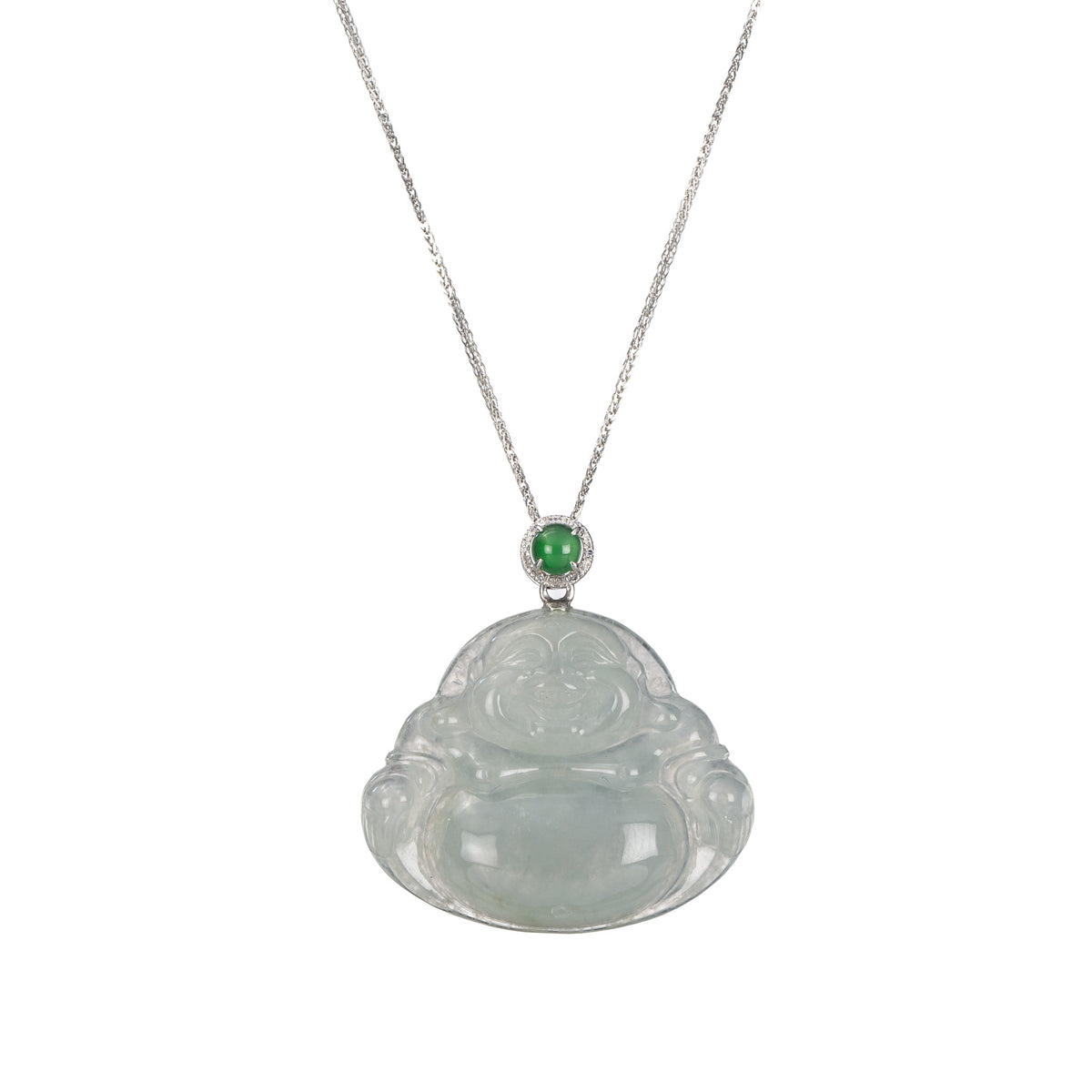 Highly Translucent Pale Green Laughing Buddha Jade Necklace