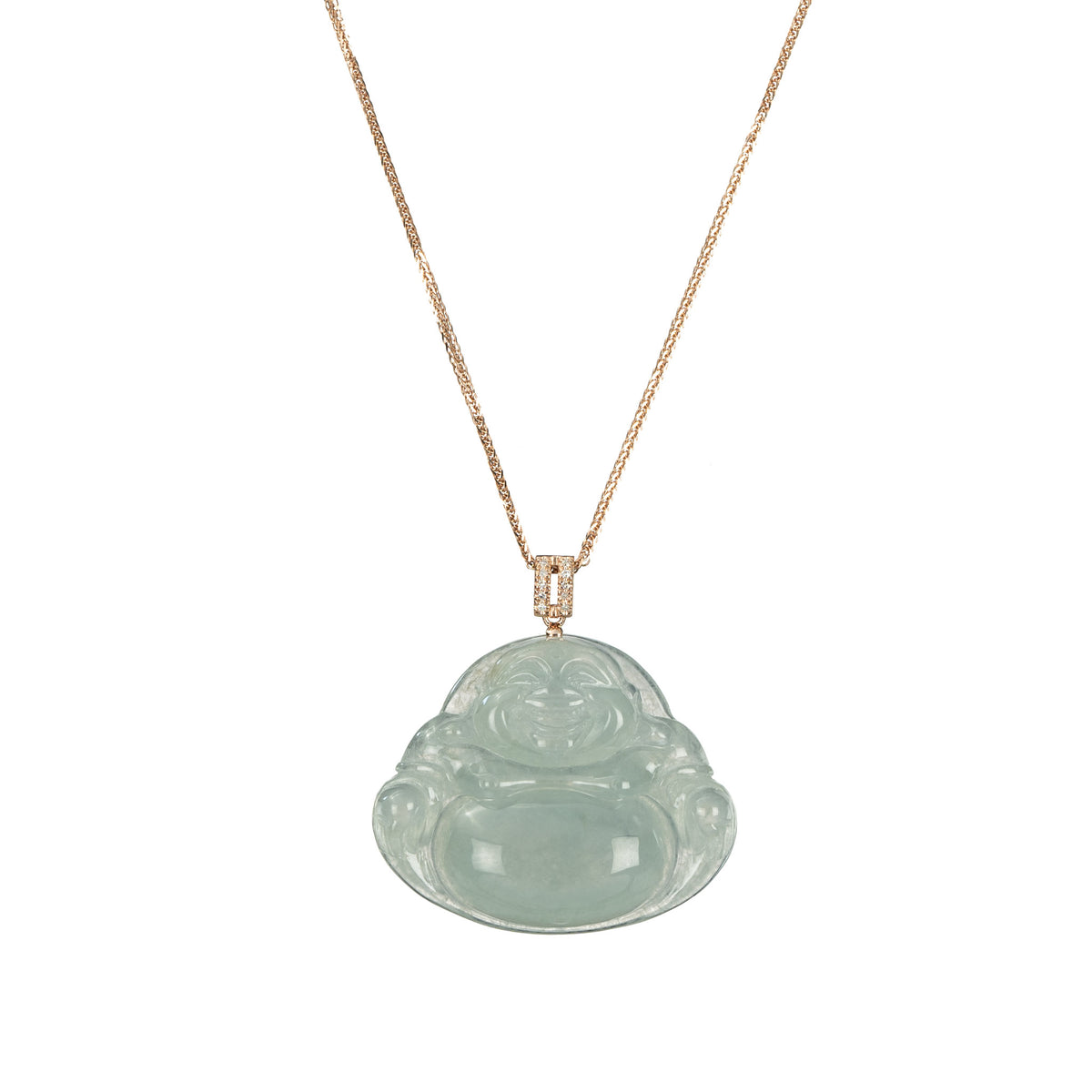 Icy Green Laughing Buddha Jadeite Jade Necklace in 18K Rose Gold & Diamonds