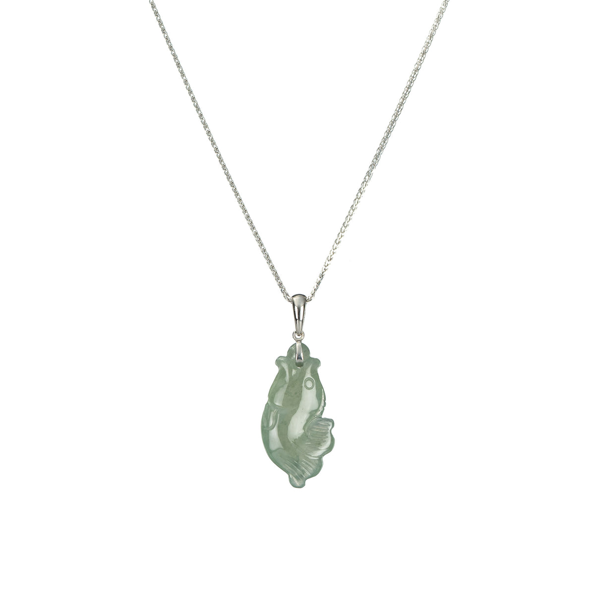 Translucent Green Jade Fish Pendant - 18K White Gold