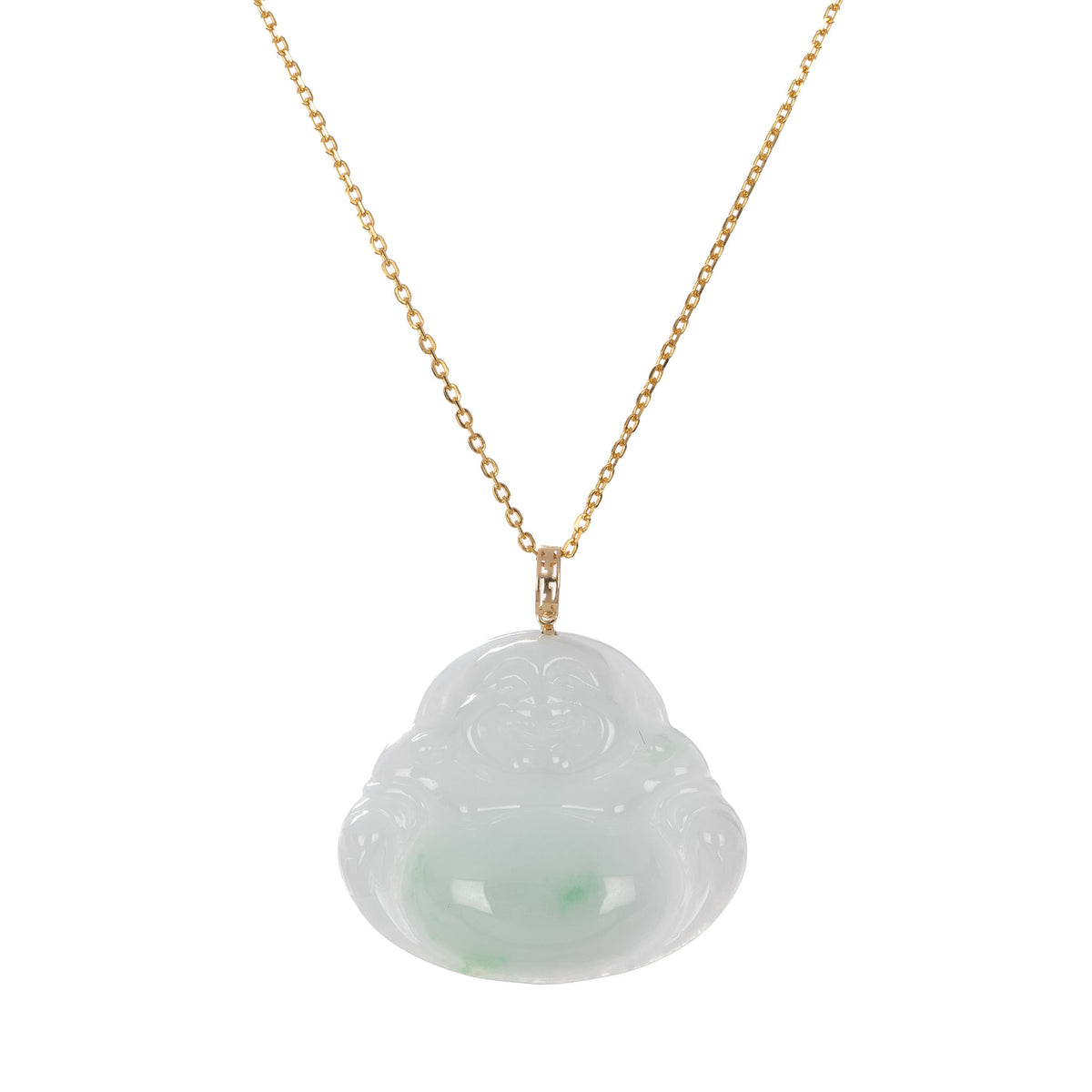 Natural Laughing Buddha Jade Pendant - 18K Yellow Gold