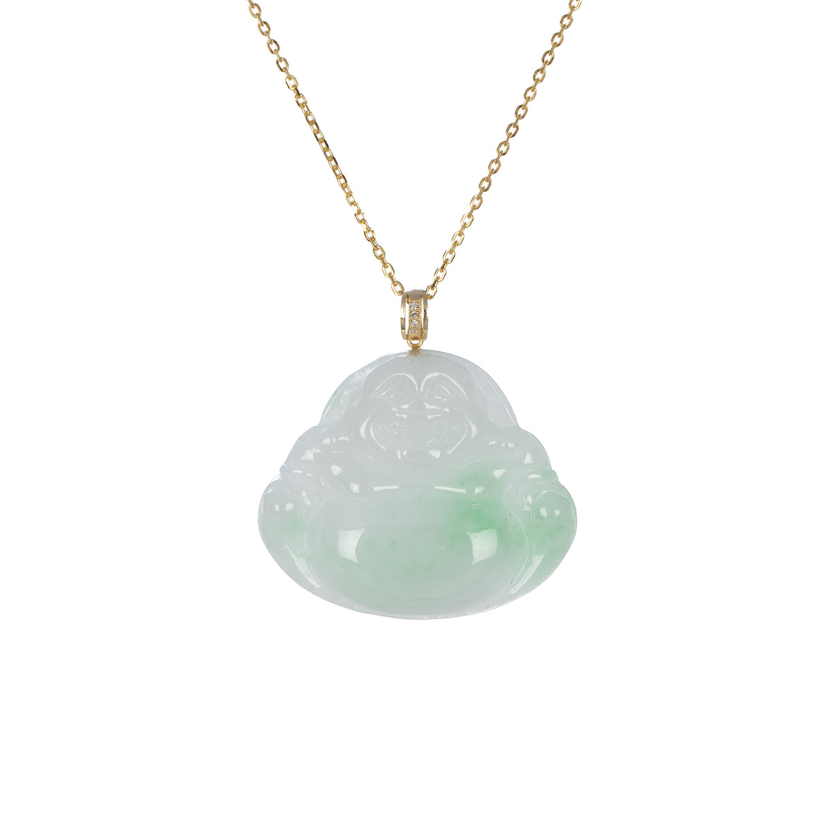 Real Laughing Buddha Jadeite Necklace - 18K Yellow Gold