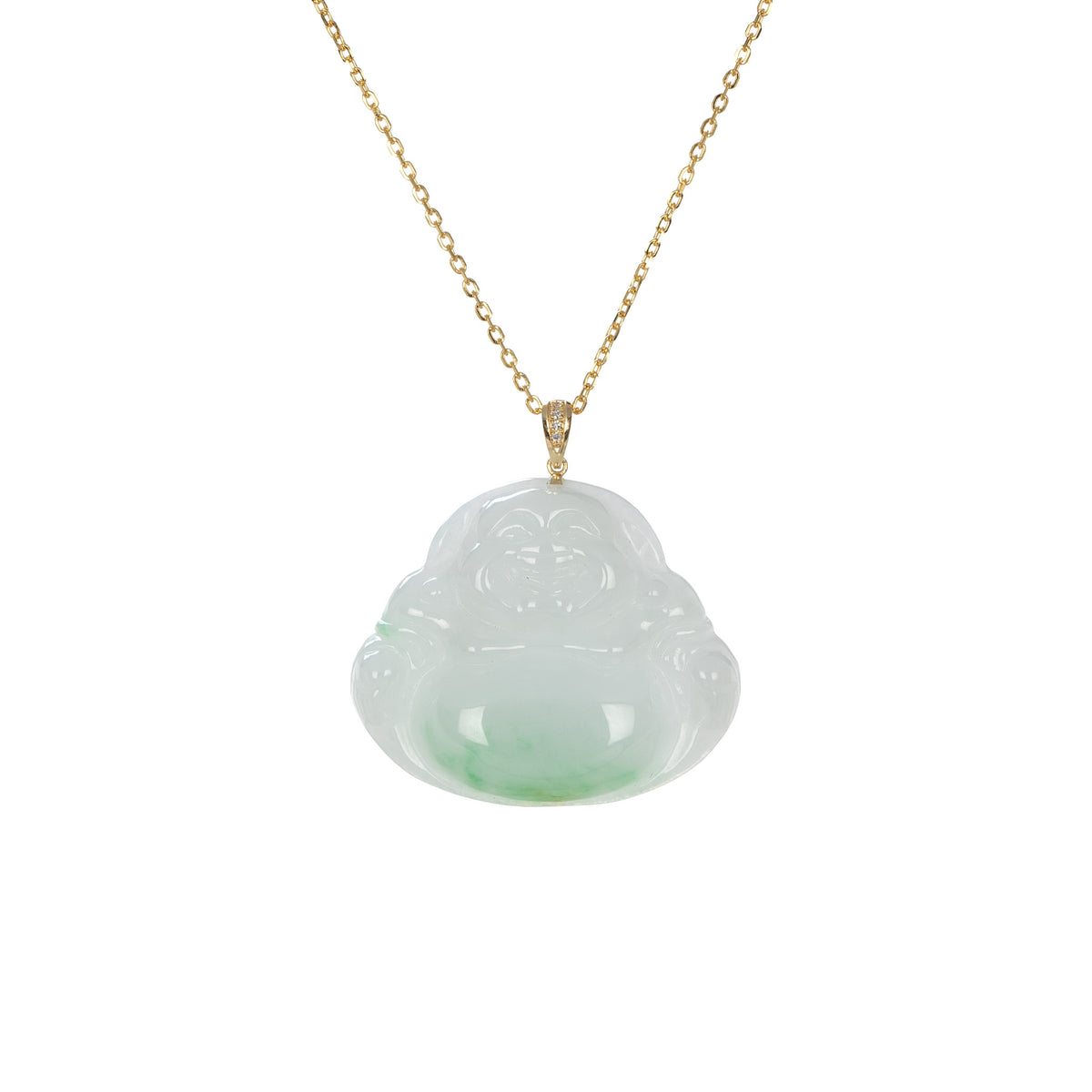 Grade A Laughing Buddha Jade Necklace - 18K Yellow Gold