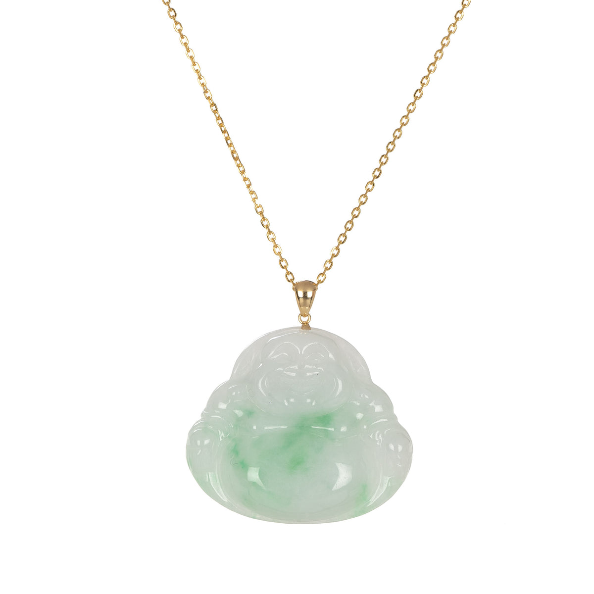 Untreated Happy Buddha Jade Necklace - 18K Yellow Gold