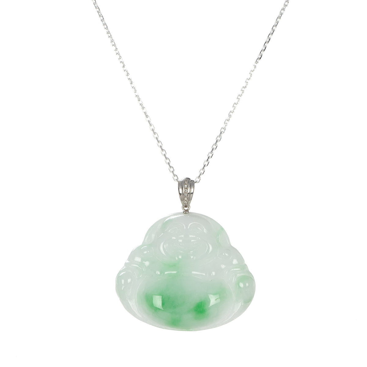 18K Happy Buddha Jade Necklace - 18K White Gold