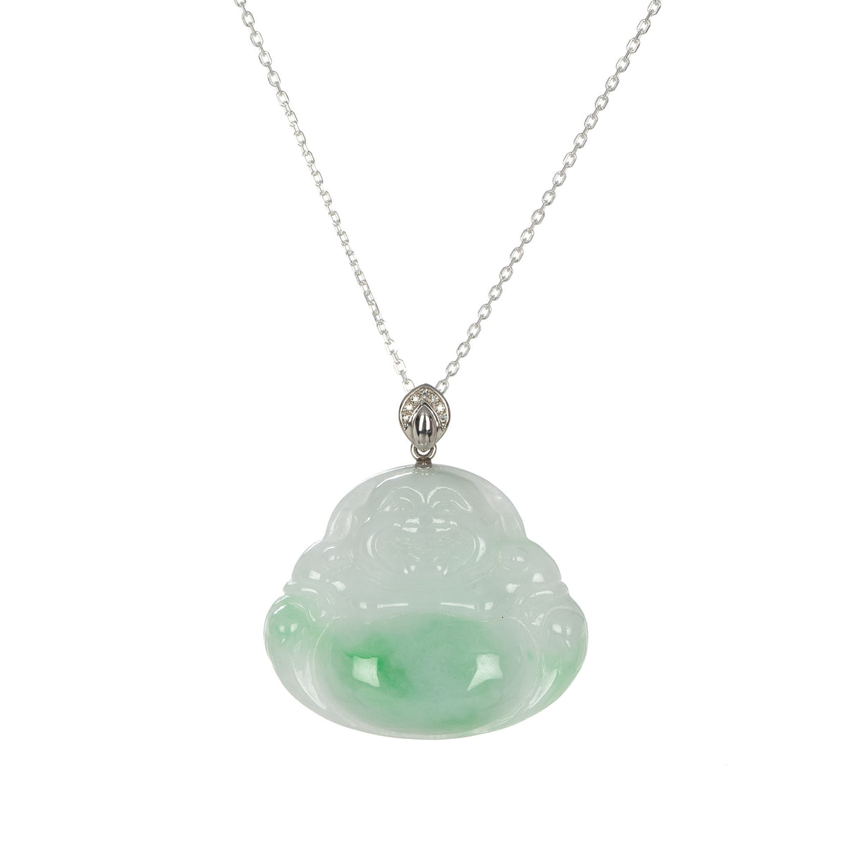 Natural Lucky Buddha Jade Pendant - 18K White Gold