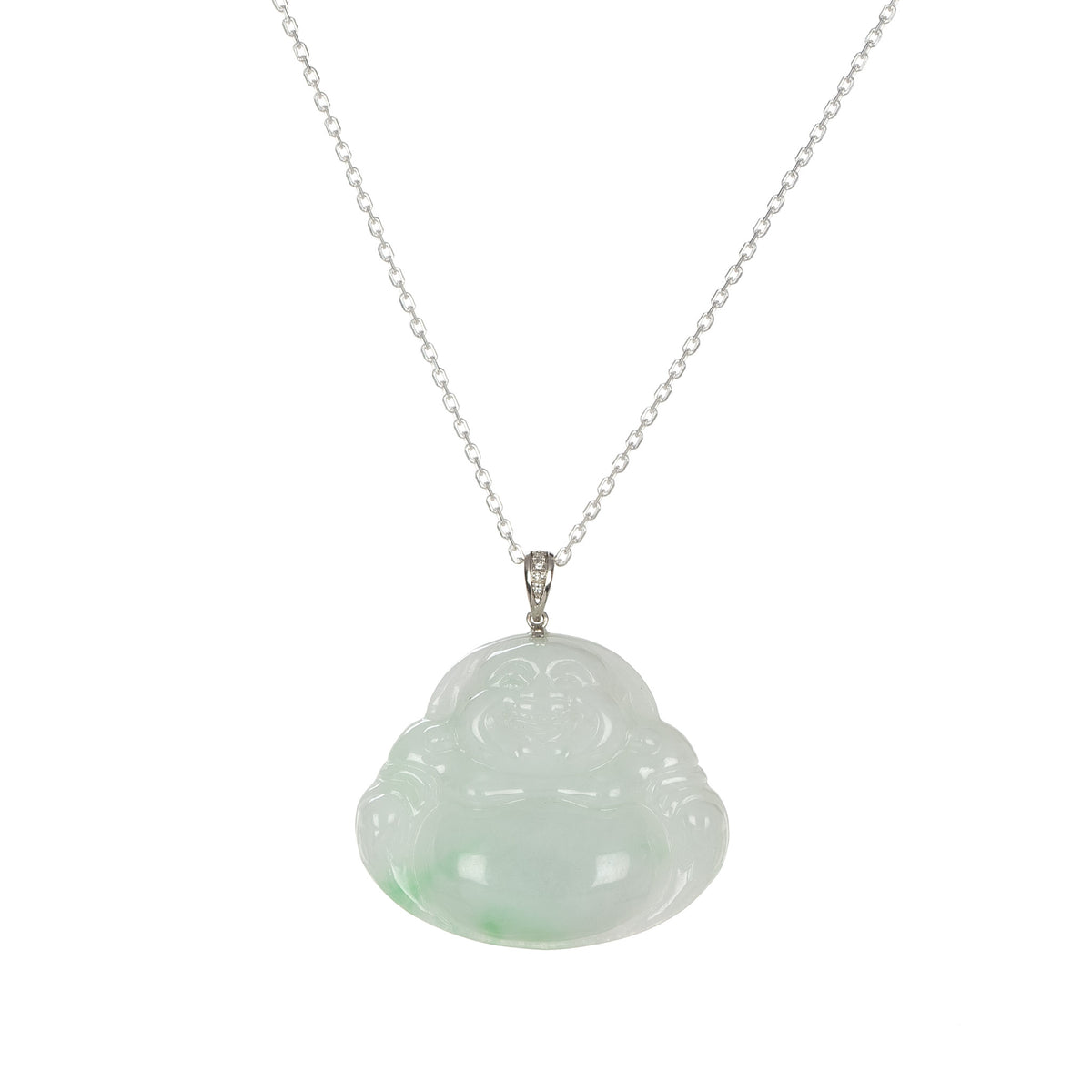 18K Lucky Buddha Jade Pendant - 18K White Gold