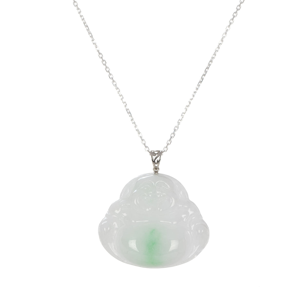 Natural Lucky Buddha Jade Necklace - 18K White Gold