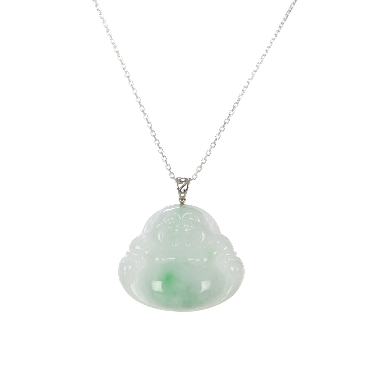 Real Fat Buddha Traditional Jade Necklace - 18K White Gold