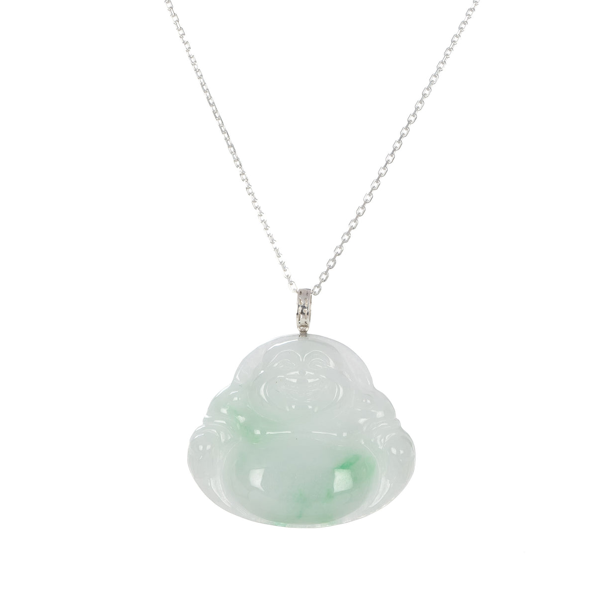 18K Fat Buddha Jade Pendant - 18K White Gold