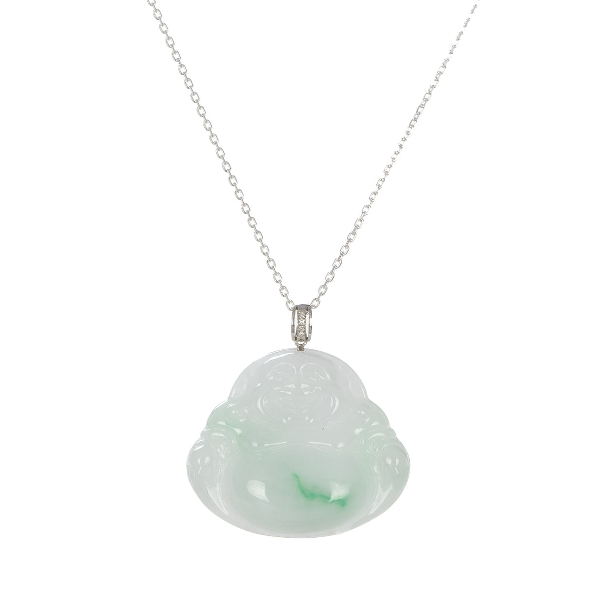 Natural Fat Buddha Jade Necklace - 18K White Gold