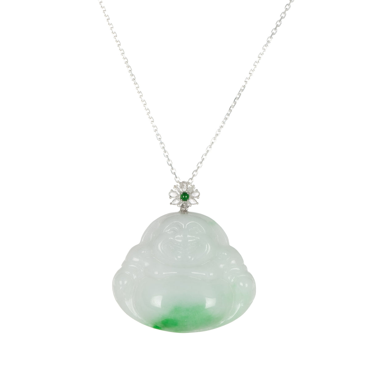 Apple Green Happy Buddha Jade Necklace with White Sapphires