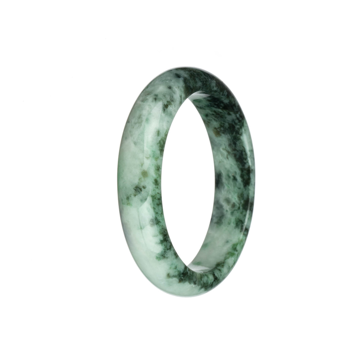 Authentic Grade A Dark Green and Green Patterns with White and Apple Green Spots Traditional Jade Bangle Bracelet - 58mm Half Moon