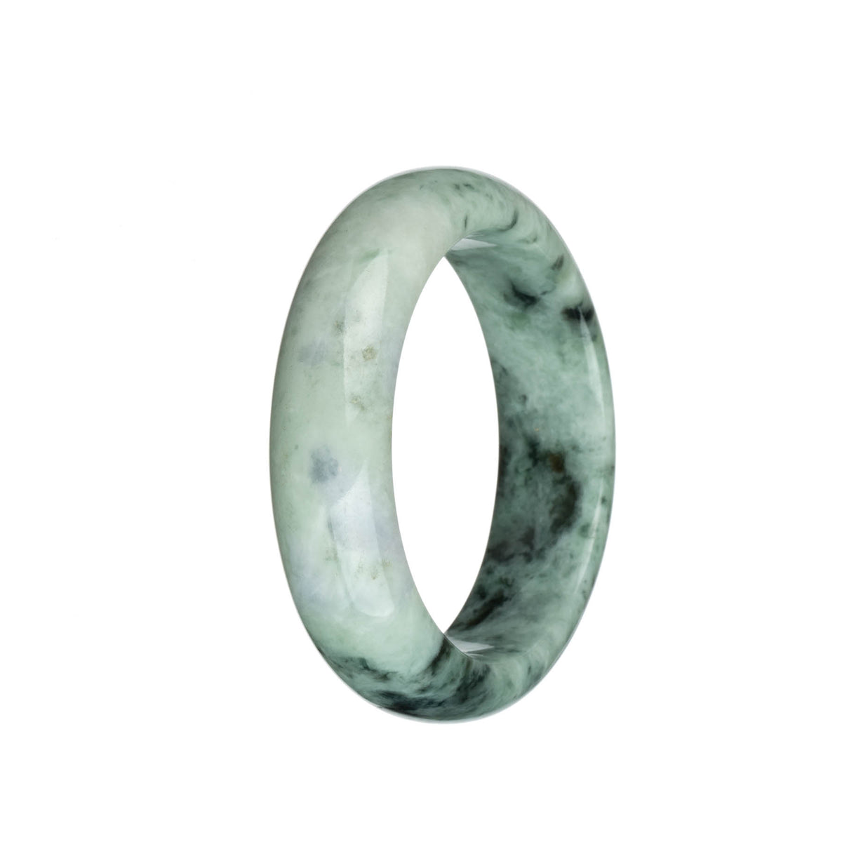 Genuine Grade A Pale Green with Dark Green Patterns Burma Jade Bangle Bracelet - 57mm Half Moon