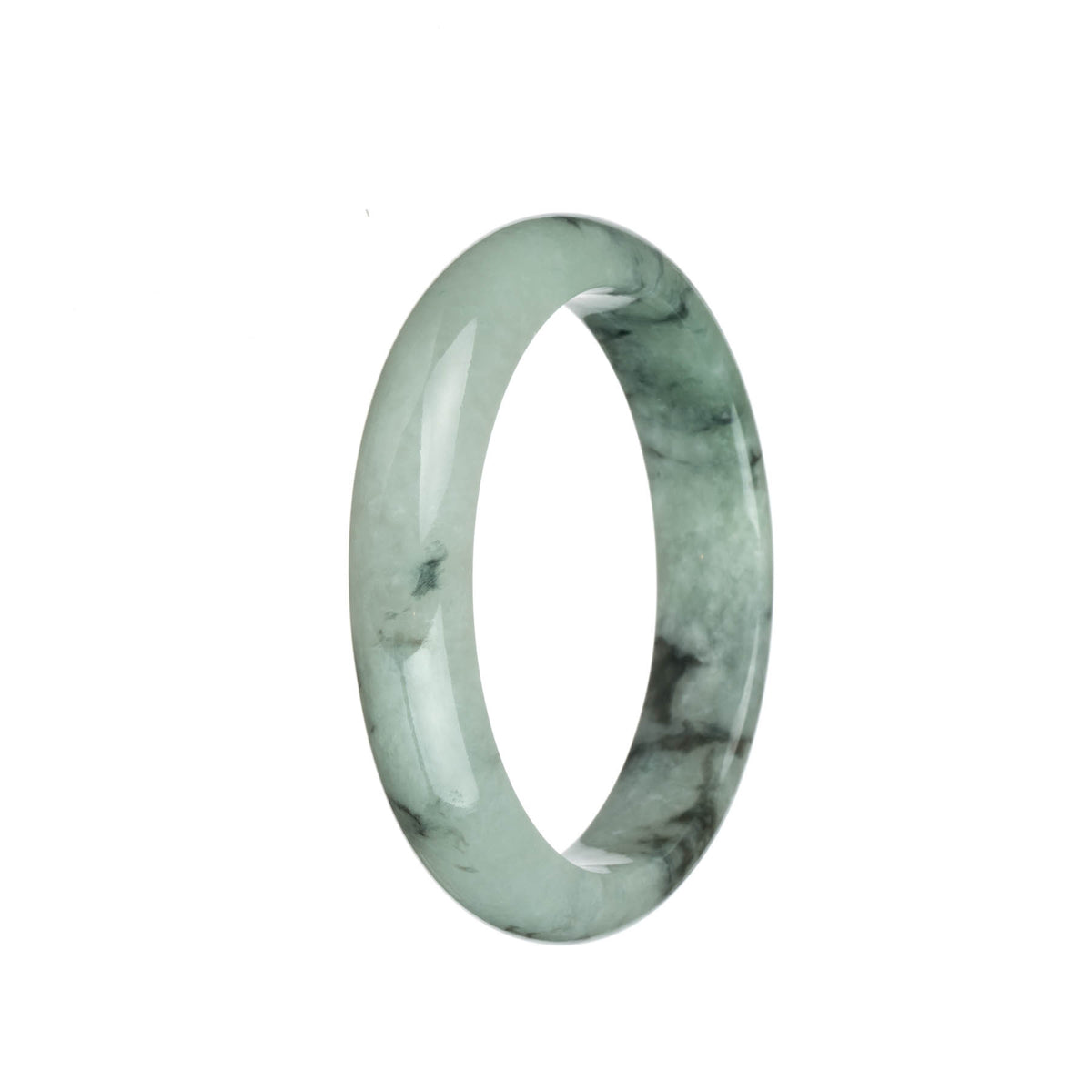 Genuine Type A White and Green with Black and Dark Green Patterns Traditional Jade Bangle Bracelet - 61mm Half Moon