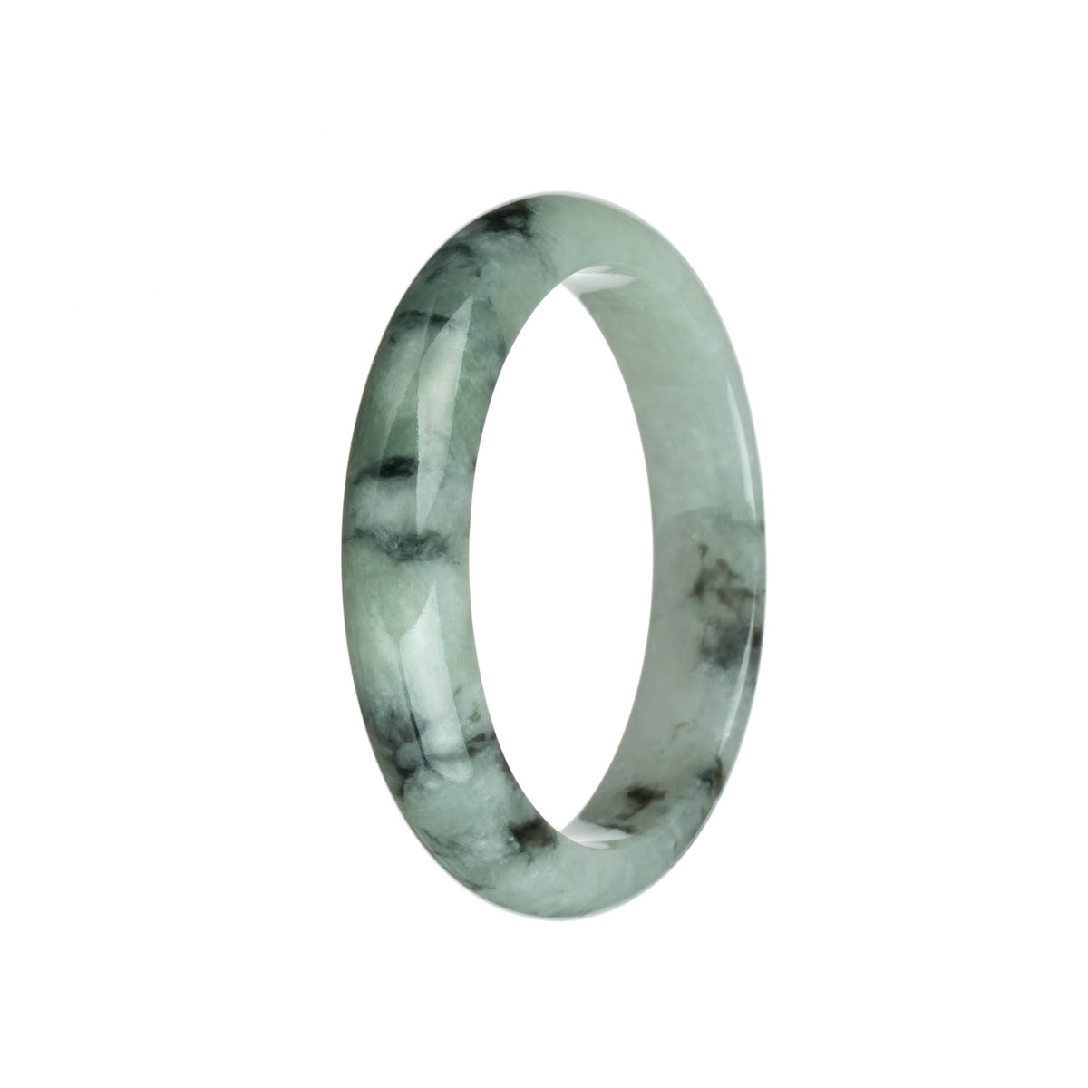 Genuine Type A White and Green with Black and Dark Green Patterns Traditional Jade Bangle Bracelet - 61mm Half Moon