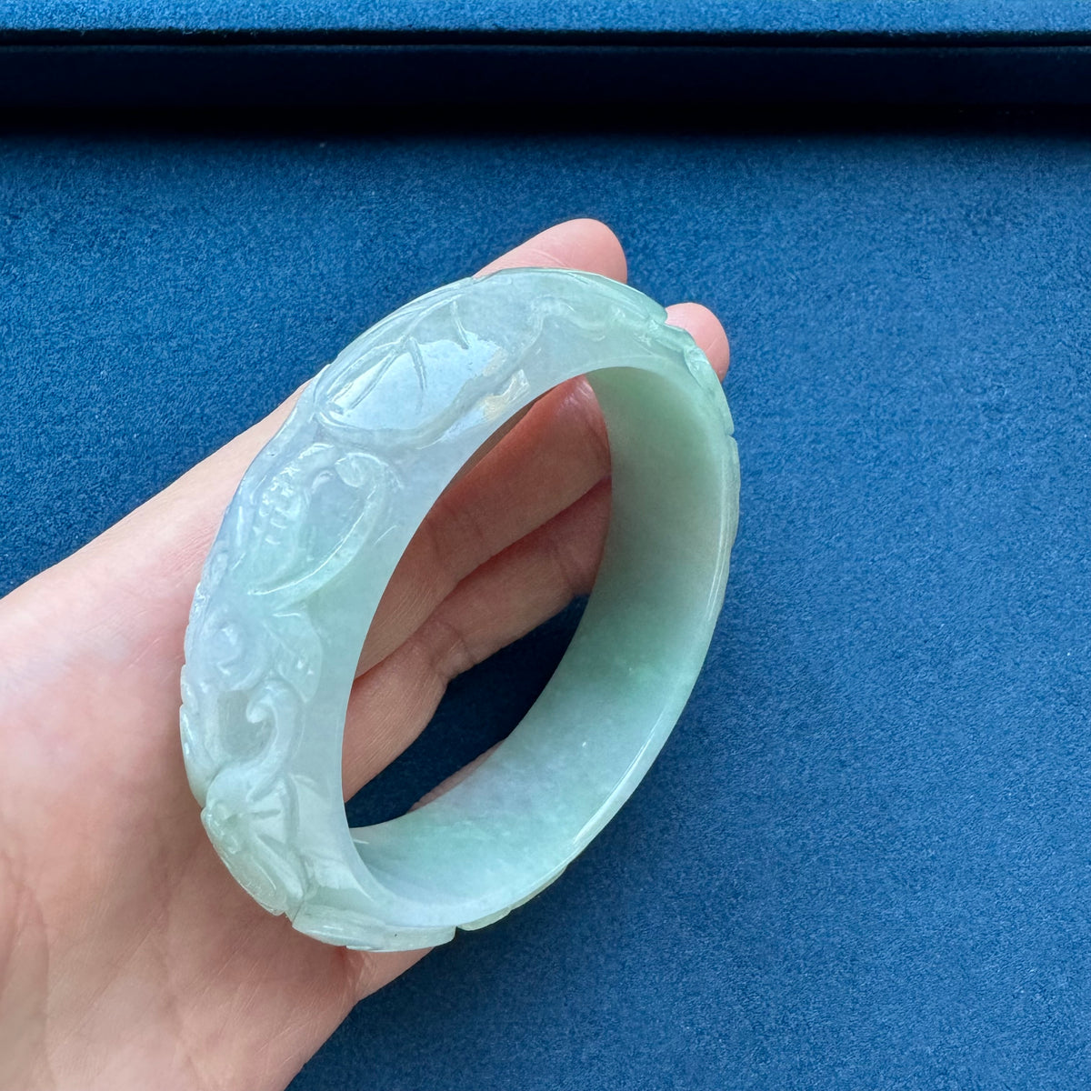 Certified Untreated Light Green with White Burma Jade Bracelet - 55mm Carved