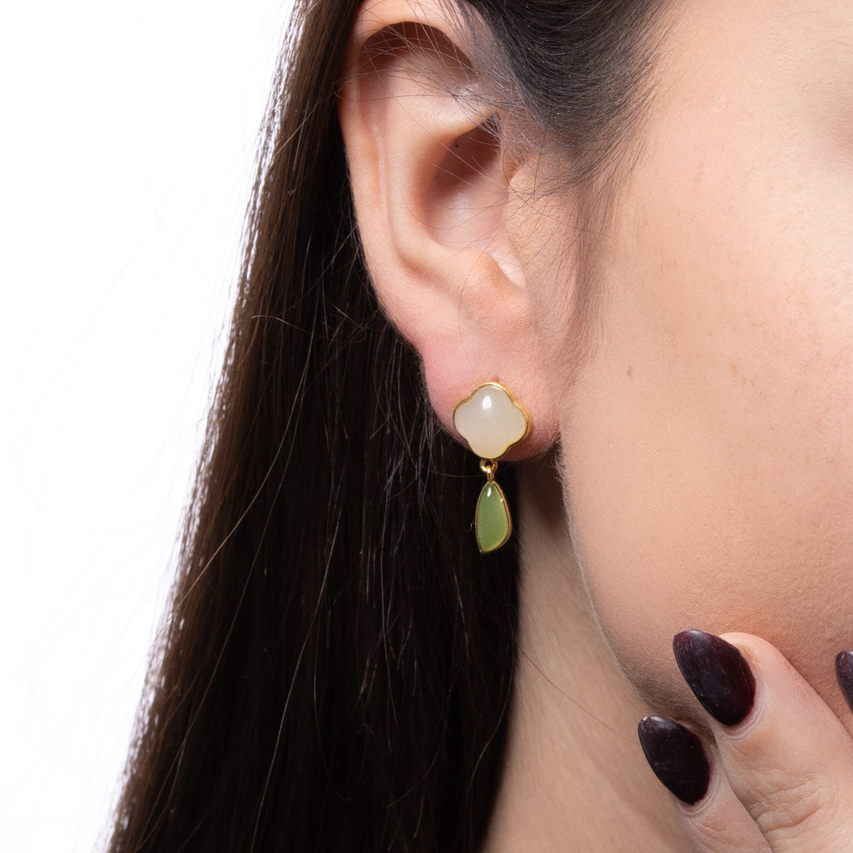 Clover Jade Blossom – Gold Vermeil Earrings with White Jade Clover Studs and Green Jade Drops