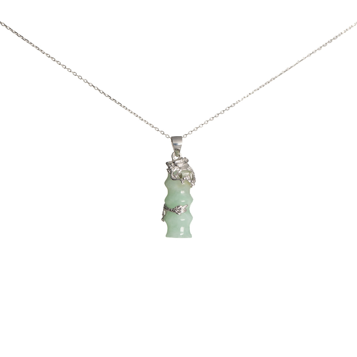 Dragon Bamboo Jadeite Jade Pendant in Sterling Silver
