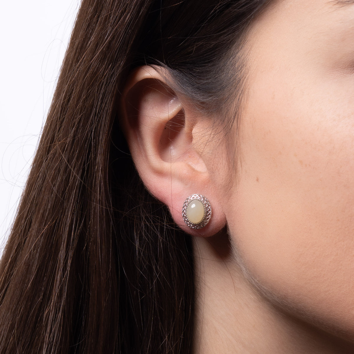 Lotus Glow – White Jade Oval Stud Earring with Filigree Frame in Sterling Silver