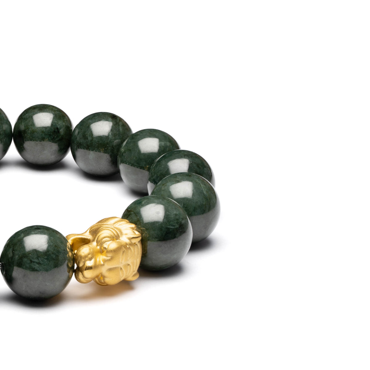 Mens Dark Green Jadeite Jade Bead Bracelet with 24K Gold Tiger