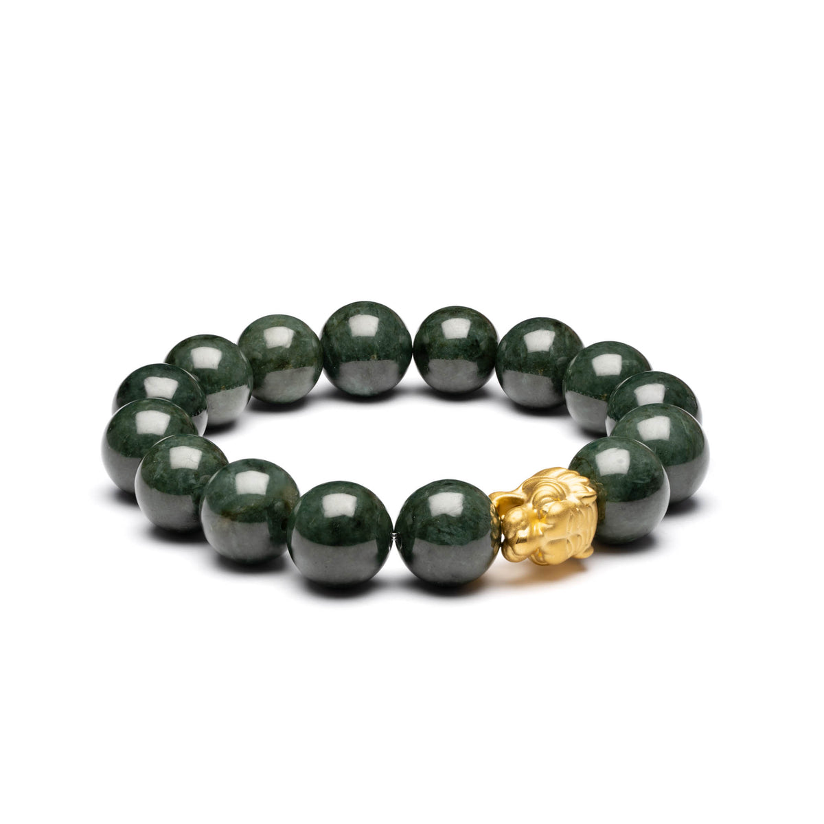 Mens Dark Green Jadeite Jade Bead Bracelet with 24K Gold Tiger