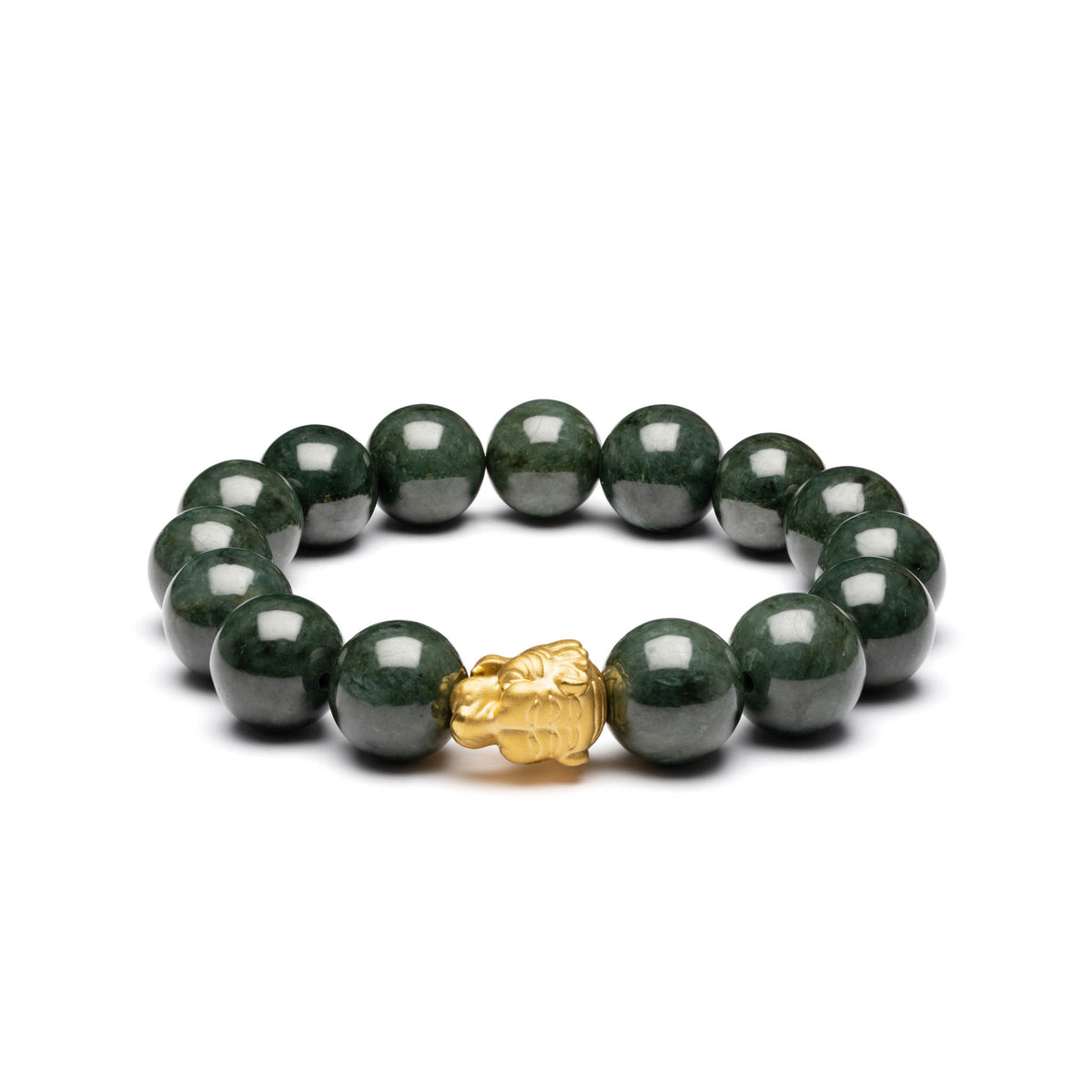 Mens Dark Green Jadeite Jade Bead Bracelet with 24K Gold Tiger