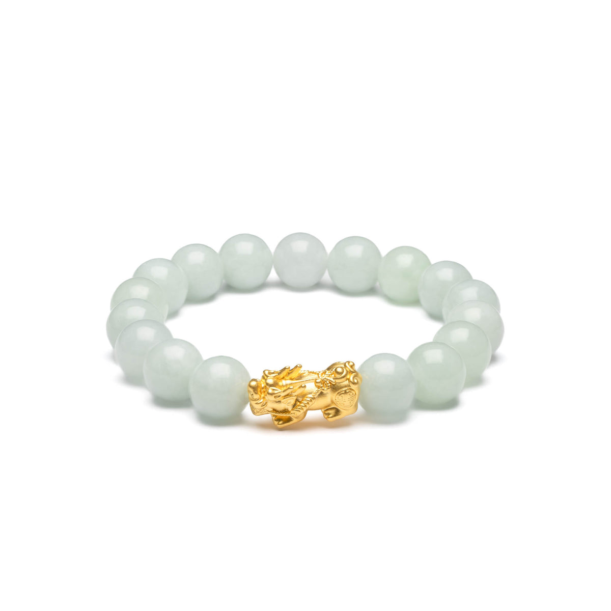 Pale Green Jadeite Jade Bead Bracelet with 24K Gold Pixiu - 10mm